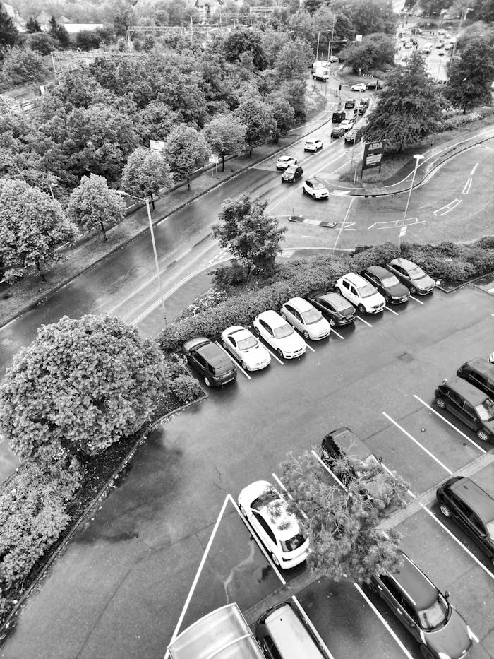 Black and white aerial view of a parking lot and road traffic surrounded by greenery.