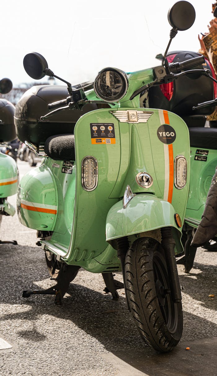 Stylish green scooter with emblem, parked on an urban street, capturing retro vibes.